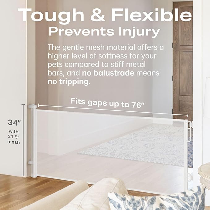 Cumbor 76" Wide Long Retractable Baby Gates for Stairs, Mesh Dog Gate for The House, 34" Tall Extra Wide Pet Gate for Dogs, Child Safety Gates for Doorways, Hallways, Cat Gate Indoor/Outdoor(White)-CubbioJoy