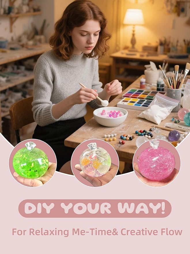 DIY Stress Ball Making Kit - 10 TPR Skins, 13 Fillers, 14 oz Slime, 7 oz Clay, Create ASMR Anxiety Relief Toys, Handmade Squishy Stress Balls, Unique Self-Care Gifts for Women, Crunchy and Relaxing-CubbioJoy