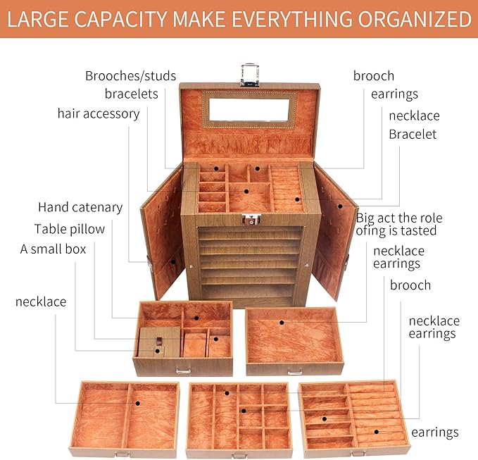 6 Tier Jewelry Box, Jewelry Case with 5 Drawers, Large Storage Capacity, with Mirror, Lockable, Jewelry Storage Organizer, Gift for Loved Ones-CubbioJoy