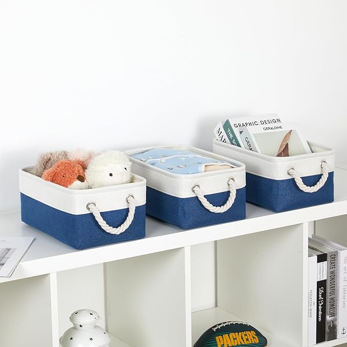 Bidtakay Small Storage Baskets for Shelves 3 Pack Fabric Storage Bins for Organizing Linen Collapsible Organizer for Closet-White&Blue-CubbioJoy