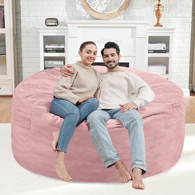 4FT Bean Bag Chair, Large Bean Bag Chairs with Memory Foam Filled, Fluffy Beanbag Sofa with Dutch Velvet Cover, Round BeanBag Chairs for Living Room, Playroom - Light Pink-CubbioJoy