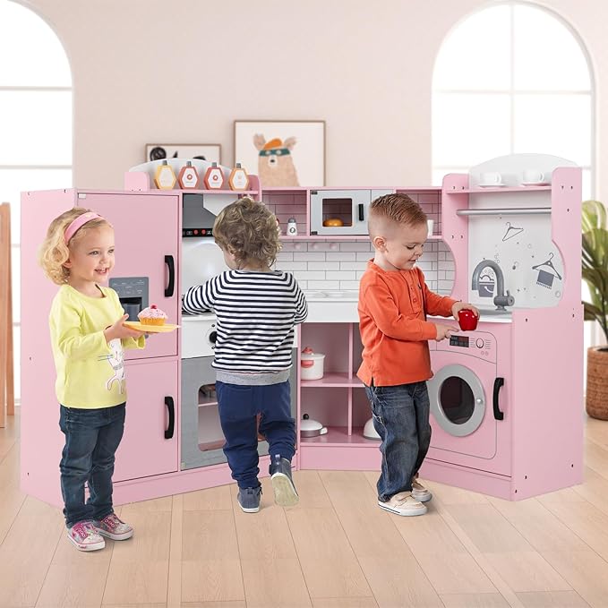 Costzon Corner Kids Kitchen Playset, Wooden Play Kitchen with Sounds & Lights, Washing Machine, Range Hood, Ice Maker, Microwave, Oven, Sink, Pretend Toy Kitchen Set for Toddler, Gift for Boys Girls-CubbioJoy