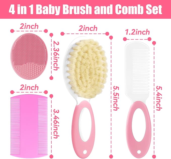 Baby Hair Brush and Comb Set, 4Pcs Baby Soft Bristles Brush Cradle Cap Brush Hair Comb for Newborns Toddlers Boys Girls (Pink)-CubbioJoy
