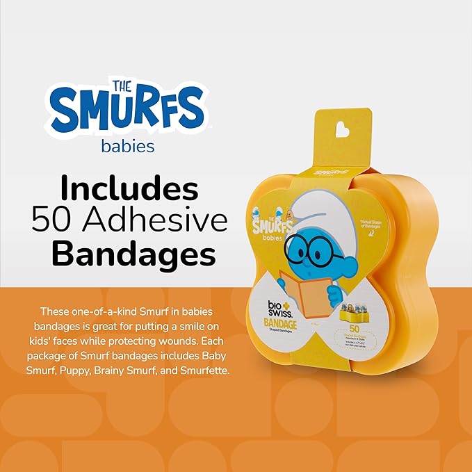 BioSwiss Bandages, The Smurfs Baby Smurf Shaped Self Adhesive Bandage, Latex Free Sterile Wound Care, Fun First Aid Kit Supplies for Kids and Adults, 50 Count Case-CubbioJoy