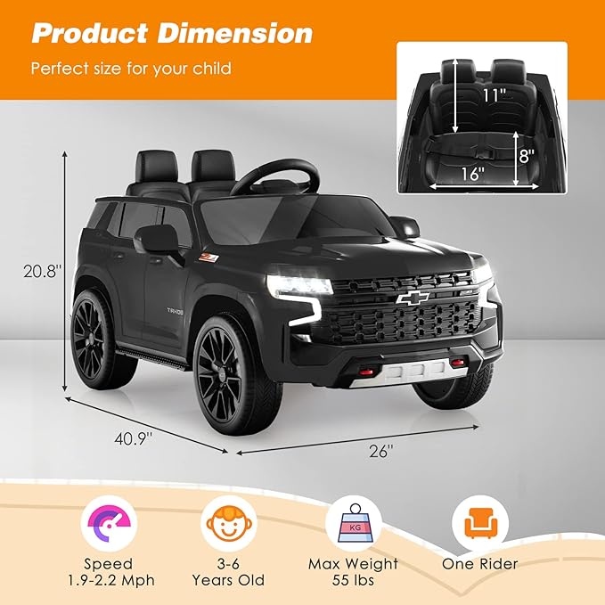 Costzon Ride on Car, 12V Licensed Chevrolet Tahoe Battery Powered Electric Vehicle w/ 2.4G Remote Control, High/Low Speed, Music, Lights, MP3/USB/FM, Spring Suspension, Electric SUV for Kids (Black)-CubbioJoy