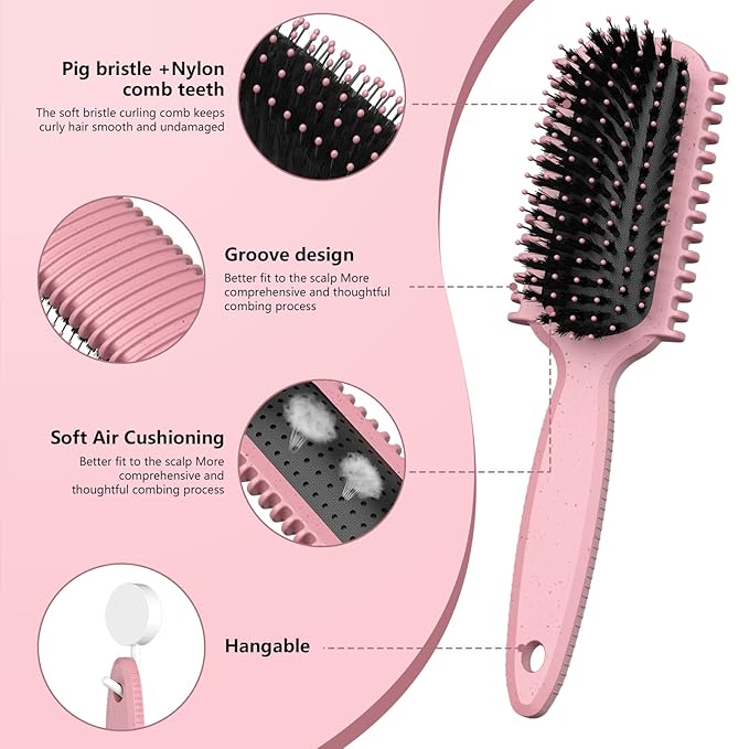 Curl Defining Brush, Curly Hair Brush, Slick Back Hair Brush, For Combing and Shaping Curls in All Hairstyles to Reduce Pulling (Pink)-CubbioJoy