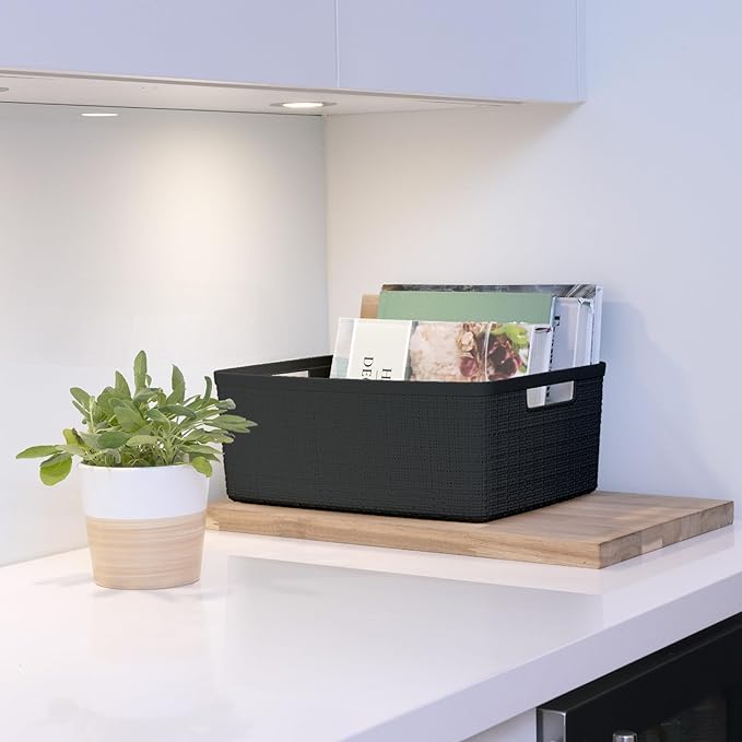 Curver Set of 6 Jute Medium Decorative Plastic Organization and Storage Baskets, Perfect Bins for Home Office, Closet Shelves, Kitchen Pantry and All Bedroom Essentials, Black-CubbioJoy