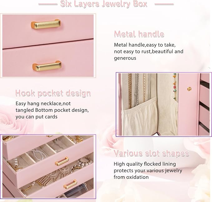 AKOZLIN 6-Tier Jewelry Box Organizer Functional Leather Jewelry Storage Case for Women Girls Ring Necklace Earring Bracelet Holder Organizer with Mirror-CubbioJoy