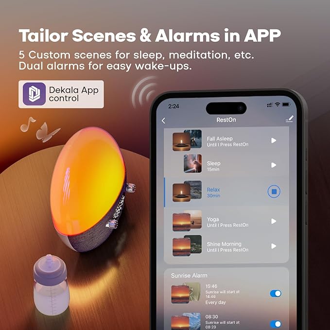 Dekala Smart Sunrise Alarm Clock with Wireless Charging for iPhone 14 13 12 Apple Watch AirPods Samsung, White Noise Sleep Sounds Machine, Nursery Night Light for Heavy Sleeper-CubbioJoy