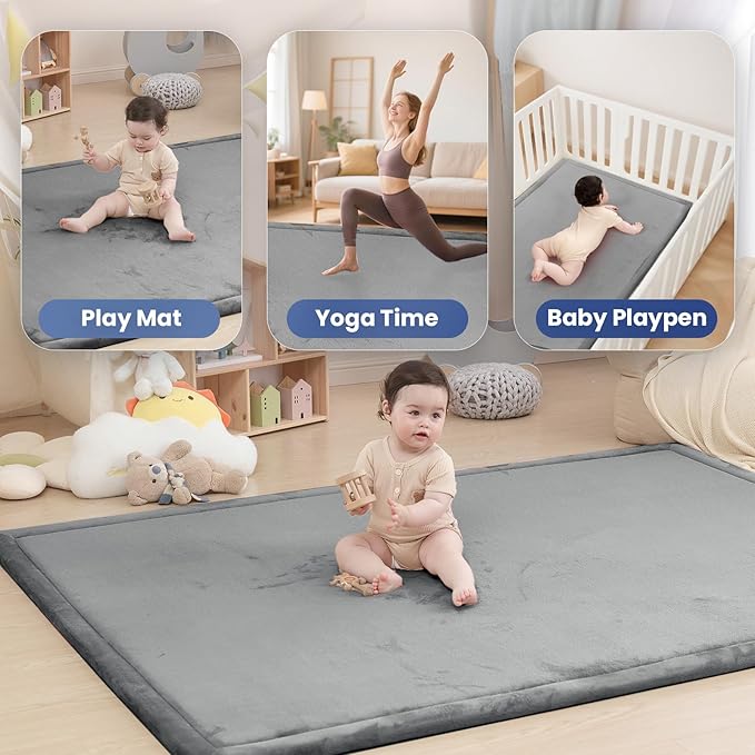 Baby Play Mat for Floor,1.3" Thick Memory Foam Tummy Time Mats,79"×118" Extra Large Non Slip Crawling Mat for Toddlers,Infants,Kids,Yoga Mat,Tatami Style for Living Room(Dark Gray)-CubbioJoy