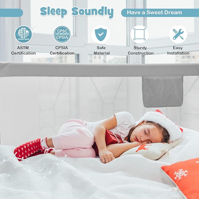 BABY JOY Bed Rail for Toddlers, 77'' Extra Long, Height Adjustable & Foldable Baby Bed Rail Guard w/Storage Pocket & Double Safety Child Lock for Kids Twin Double Full Size Queen King Mattress (Gray)-CubbioJoy