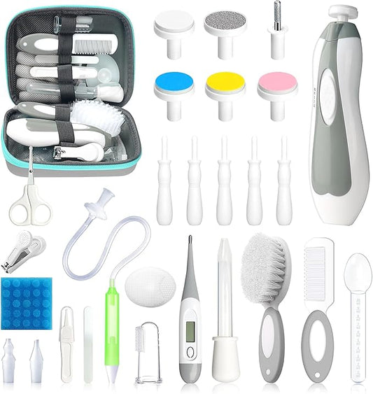 Baby Healthcare and Grooming Kit, 28 in 1 Portable Baby Essentials Kit Electric Nail Trimmer Set with Gas Relief Hair Brush Comb Nasal Aspirator for Newborn Boys Girls (Grey White)-CubbioJoy