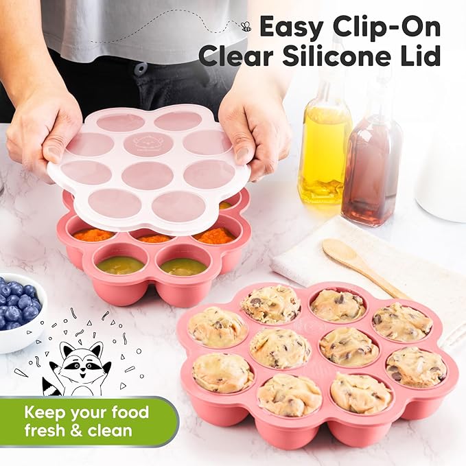 KeaBabies Silicone Food Freezer Trays with Lid, 2oz x 10 Pods Baby Food Storage Containers, Easy Puree Meal Prep, Breast Milk Silicone Freezer Molds, Dishwasher,Microwave Safe,BPA-Free(Blossom)-CubbioJoy