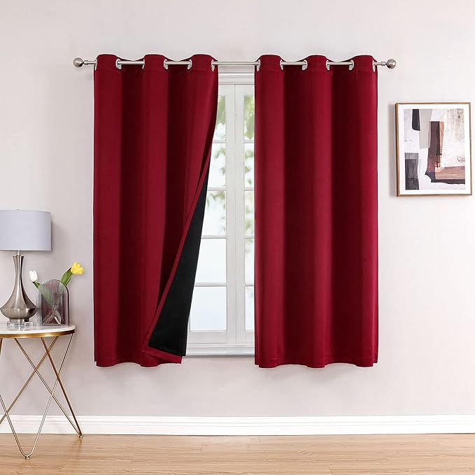 ChrisDowa 100% Blackout Curtains 63 inch Long for Bedroom with Black Liner, 2 Thick Layers Total Blackout Thermal Insulated Grommet Window Curtains 2 Panels Set (Burgundy, 38 x 63 Inch)-CubbioJoy