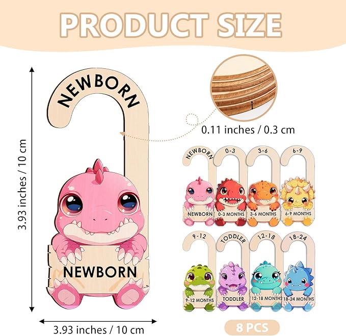 Baby Clothes Dividers for Closet - Wooden Baby Size Closet Dividers Newborn to 24 Months, Unique Dinosaur Design Babies Clothes Organizer for Nursery Decor Gender-Neutral Newborn Hangers (Set of 8)-CubbioJoy