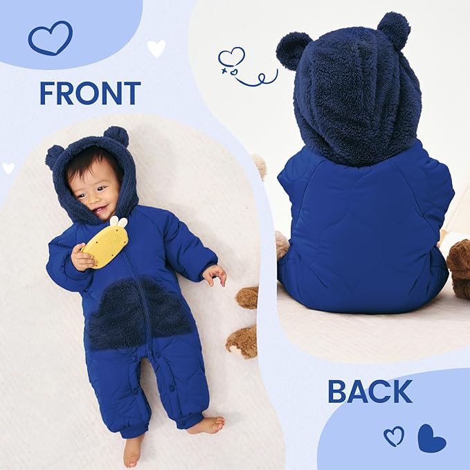 JiAmy Baby Snowsuit Newborn Winter Clothes Coat Romper Windproof Fleece Hat Zipper Baby Bear Outfit-CubbioJoy
