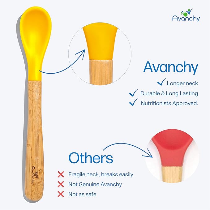 Avanchy Bamboo & Silicone Infant Training Spoons, BPA Free - Soft Tip, Easy on Gums, First Stage Feeding Utensils for Baby-Led Weaning, Self-Feeding, Magenta-CubbioJoy