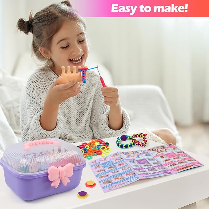 IQBOX Bracelet Making Kit Arts and Crafts for Girls Ages 8-12, Weaving Loom Rainbow Bands DIY Toys Birthday Gifts for Kids 6 7 9 10 11 13 Year Old, 1000+ Elastic Cloth Rubber Band Fabric Loops-CubbioJoy