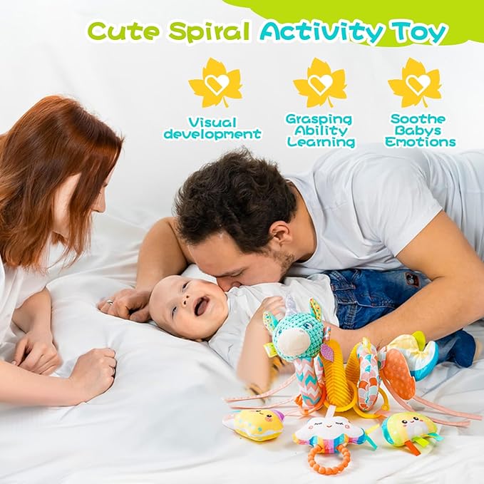 Car Seat Toys for Babies 0-6 Months, Hanging Spiral Stroller Toys, Infant Newborn Brain Development With Music Crinkle Teether Rattle for Baby Boy Girl 0-3-12 Months-CubbioJoy