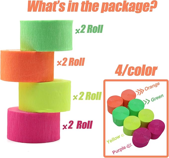 800Feets Neon Glow in The Dark Party Supplies - UV Reactive Fluorescent Crepe Paper Streamers for Wedding, Birthday, Fiesta Decorations-CubbioJoy