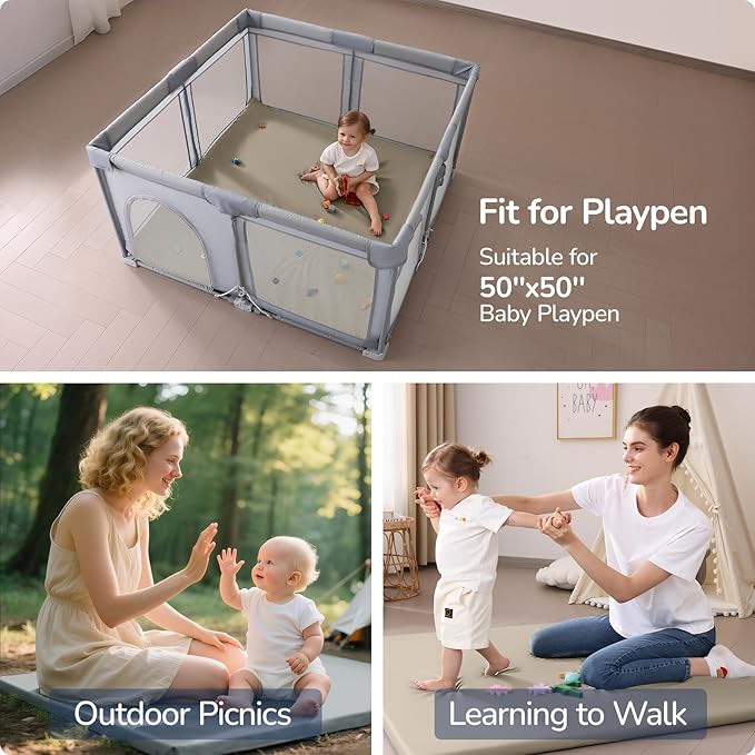 Baby Play Mat for Floor,1.3'' Thick Memory Foam Play Mat,50''x50'' Tummy Time Mat with PU Leather,Cushioned & Waterproof Playpen Mats,Non Slip Crawling Padded for Toddlers,Infants,Kids-CubbioJoy