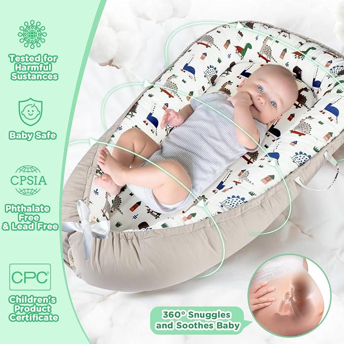 Baby Lounger - Baby Lounger for Newborn 0-24 Months, Breathable and Soft Cotton Cover Baby Nest, Portable Cozy Tummy Time Lounger for Home and Travel, Ideal Baby Essentials & Shower Gifts-CubbioJoy