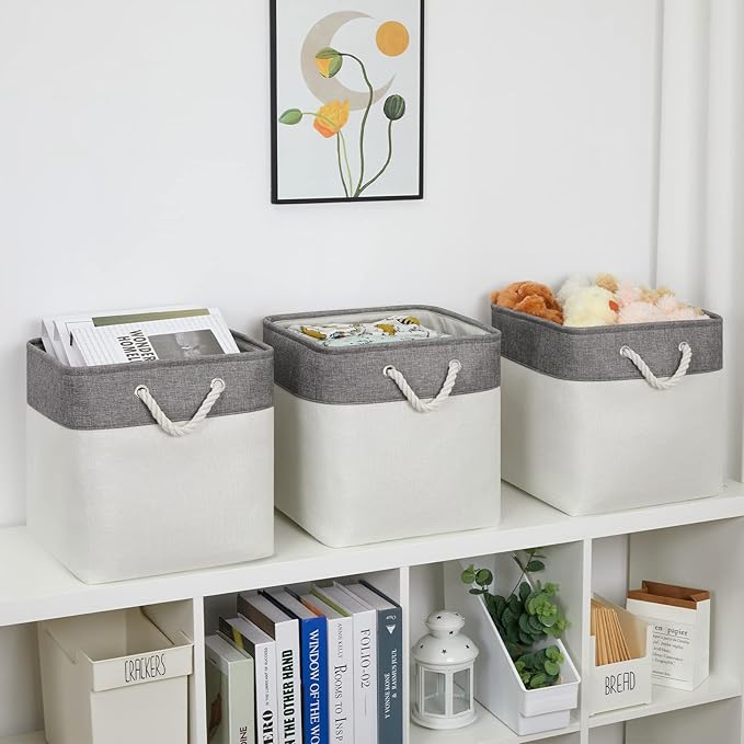 Bidtakay Fabric White Baskets for Shelves Set of 3 Cube Storage Large Organizer Bins 13x13 Closet Storage Bins for Home Office Nursery Collapsible Storage Bins for Organization-CubbioJoy