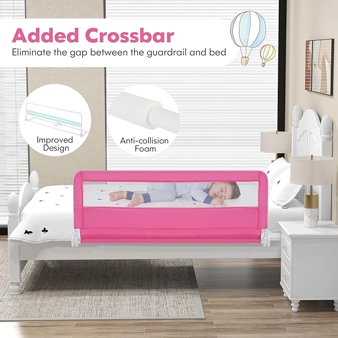 BABY JOY Bed Rails for Toddlers, 59'' Extra Long, Swing Down Bed Guard w/Safety Straps, Folding Baby Bedrail for Kids Twin, Double, Full Size Queen & King Mattress (Pink, 59-Inch)-CubbioJoy