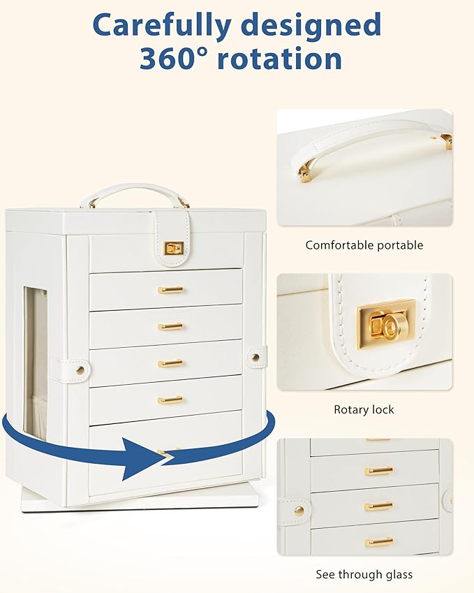 AKOZLIN Jewelry Box 6-Tier Organizer Functional 360° Rotating Jewelry Storage Case for Women Girls Ring Necklace Earring Bracelet Holder with Mirror-CubbioJoy