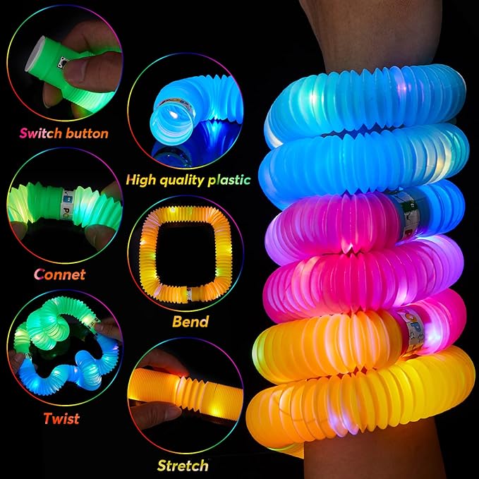 24 PCS LED Pop Tubes, Light Up Glow Tubes, Glow in the Dark Party Supplies, Sensory Toys Birthday Party Favors for Kids, Light Up Toys-CubbioJoy
