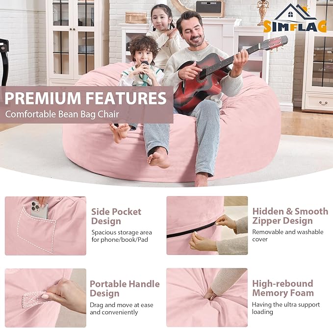 4FT Bean Bag Chair, Large Bean Bag Chairs with Memory Foam Filled, Fluffy Beanbag Sofa with Dutch Velvet Cover, Round BeanBag Chairs for Living Room, Playroom - Light Pink-CubbioJoy