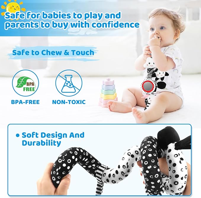 Car Seat Toys Hanging and Stroller Toys for Babies 0-6 Months，High Contrast Baby Toys for Newborn 0 3 Months Brain Development,Black and White Baby Toys for Crib Mobile，Infant Ideal Gift-CubbioJoy