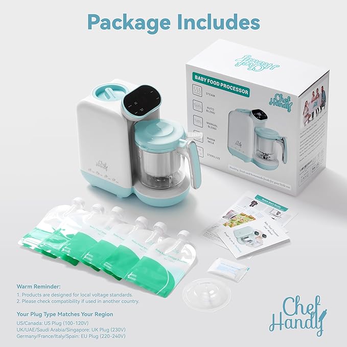 Chefhandy Baby Food Maker, Steamer & Blender, Puree Maker with Auto/Manual Blend, Steam Basket, Bottle Warmer & Sterili-zer, Compact Easy-to-Clean Baby Food Processor (White Blue)-CubbioJoy