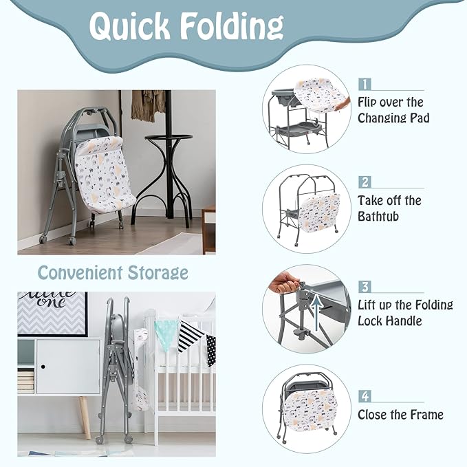 BABY JOY Baby Bathtub with Changing Table, Foldable Infant Diaper Changing Station with Storage Tray, Waterproof Pad, Portable Newborn Nursery Organizer Bath Stand with 4 Universal Wheels (Gray)-CubbioJoy