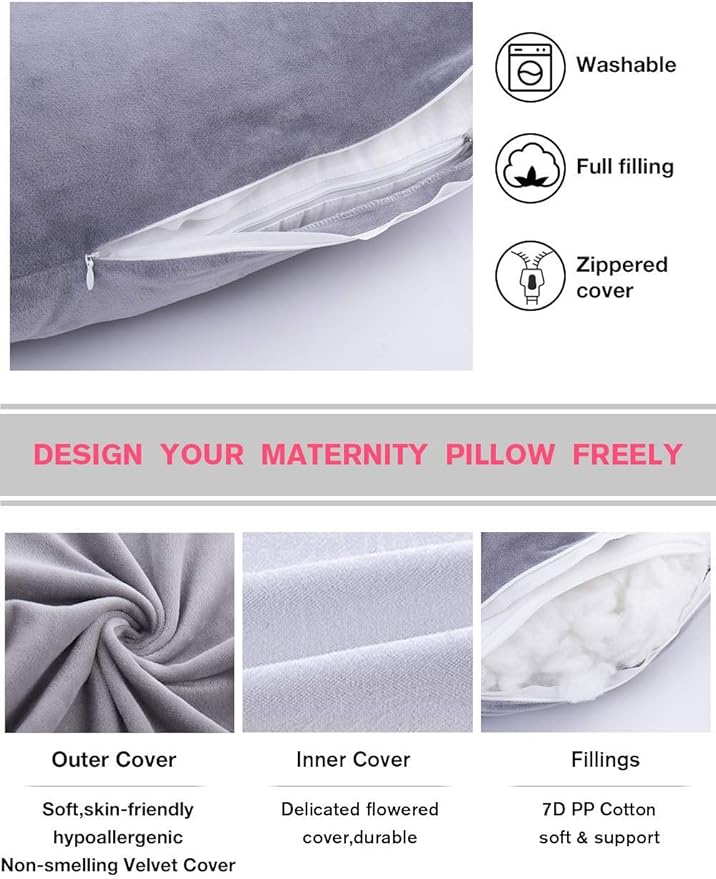 AS AWESLING Pregnancy Pillow, U Shaped Full Body Pillow, Nursing, Support and Maternity Pillow for Pregnant Women with Removable Velvet Cover (Grey)-CubbioJoy