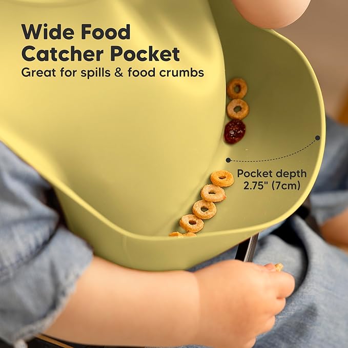 KeaBabies 2-Pack Silicone Baby Bibs for Eating - Sturdy Food-Grade Silicone Bibs for Babies Girl, Boy, Large Food Catcher, Clean & Put On Easily, Waterproof Toddler Feeding Essentials (Olives)-CubbioJoy