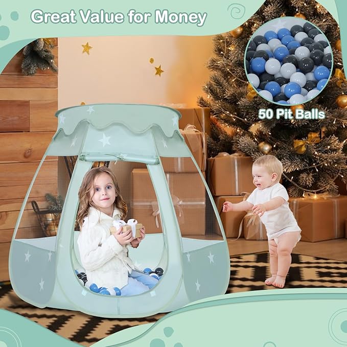 Baby Ball Pit for Toddler with 50 Balls, Kids Pop Up Play Tent for Girls, Princess Toys Gifts for Children Indoor & Outdoor Playhouse (Celadon: Gray/White/Babyblue, 109x90cm/50 Balls)-CubbioJoy