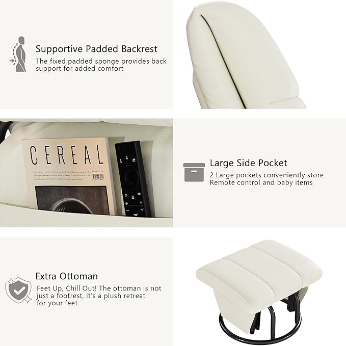 AODAILIHB Swivel Glider Recliner with Ottoman, 360 Rocking Chair with Foot Rest Recliner Chair Indoor Rocking Chair with Side Pockets Nursery Chairs for Living Room, Bedroom, Office (White)-CubbioJoy