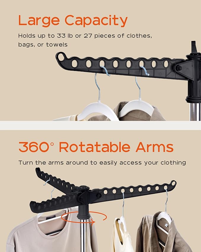 Clothes Drying Rack Foldable, 59 inch Tripod Laundry Drying Rack Indoor with Rotating Clothes Rail for 27 Pieces of Clothes, Space Saving, Stainless Steel, Black and Silver CDR001B01-CubbioJoy