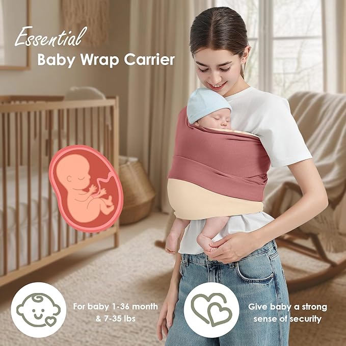 Baby Wrap Carrier, Lightweight Baby Wearing Wraps for Newborn and Infant, Soft Swaddle Holder Carrier, Cozy Baby Sling 7-35 lbs Cream+Pink-CubbioJoy