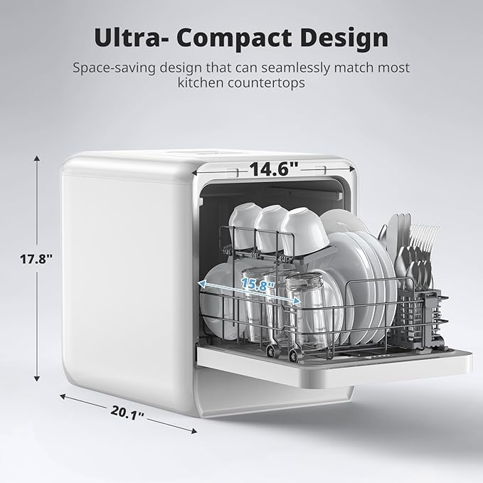 AIRMSEN Portable Countertop Dishwasher with 5L Water Tank, Mini Dishwasher with 14.6” Narrow & 20.1“ Deep Design, 9 Programs, 24H Delay Start & 360° Dual Spray, No Hookup Needed, C01, White-CubbioJoy