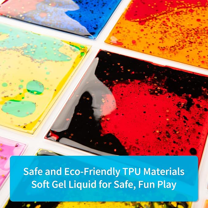 Art3d 6”x6” Square Sensory Fidget Liquid Motion Tiles for Kids, Toddler, Teens - Interactive Soft Gel Liquid Play Mats for Home, Schools, Playrooms, Multi-Pack of 6 Tiles-CubbioJoy