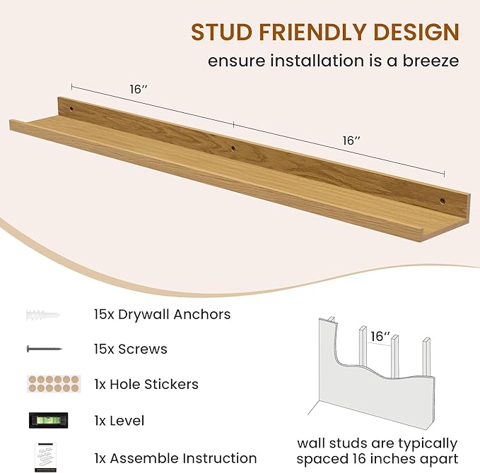 Axeman Picture Ledge Shelf, Floating Shelves for Wall Decor Storage Set of 6, 36 inch Floating Wall Mounted Shelves, Wall Shelves with Lip for Living Room, Bedroom, Nursery, Bathroom, Kitchen, Oak-CubbioJoy