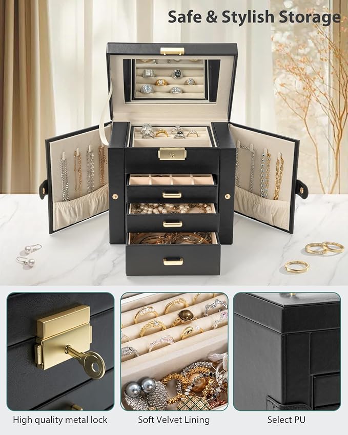 AKOZLIN 4-Tier Jewelry Box Leather Jewelry Storage Organizer with 3 Drawers Lockable for Women Girls Ring Necklace Earring Bracelet Holder with Mirror Black-CubbioJoy