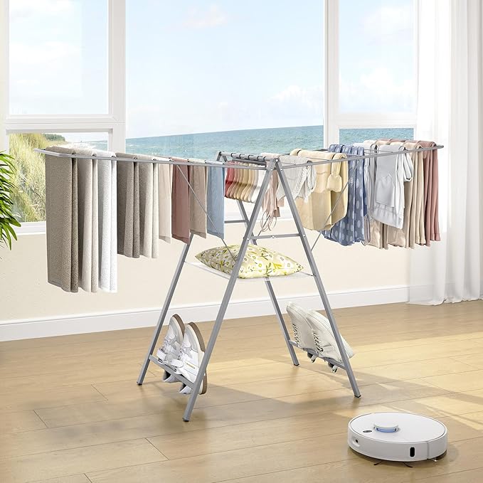 APEXCHASER Drying Rack Clothing, Clothes Drying Rack Foldable, Metal Laundry Drying Rack Collapsible for Sweater Towel Indoor & Outdoor, Height Adjustable Gullwing Clothes Airer, Grey-CubbioJoy