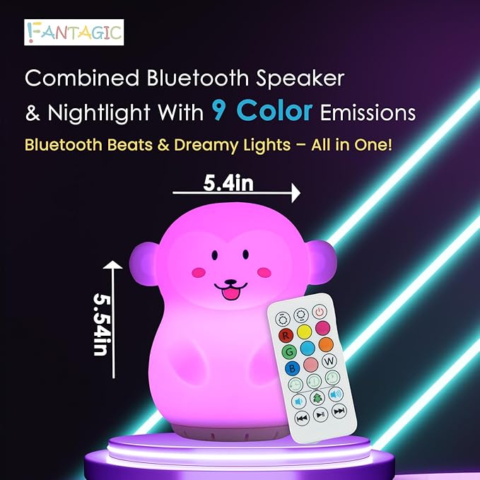 Combined Bluetooth Speaker & Nightlight With 9 Color Emissions, Child Friendly Silicone & BPA Free, USB Recharging, Receives Audio From Computer, Phone Or Tablet, and includes Remote Control (Monkey)-CubbioJoy
