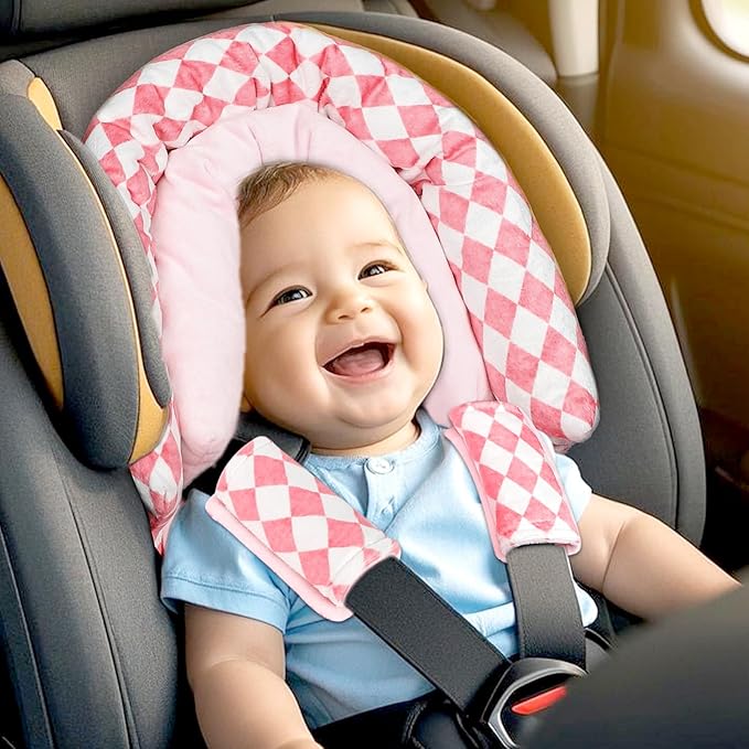 Baby Car Seat Head Support for Newborn, GFU 2 in 1 Infant Car Seat Head Body Support with Strap Pads, Soft Stroller Cushion Pillow Insert for Girls, Fits for Stroller, Swing, Pink-CubbioJoy