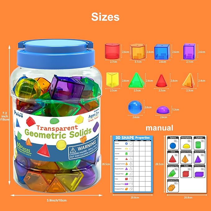 3D Geometric Solids 60 Pcs for Kids Translucent Geometric Shapes for Geometry Beginnings,Light Table Manipulatives Toy Math Helper School Supplies-CubbioJoy