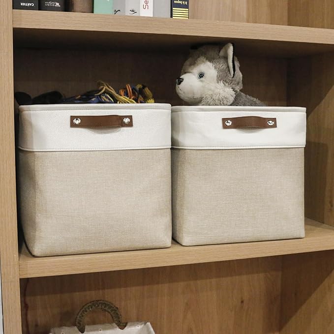 13x13 Cube Storage Bins, Collapsible Fabric Storage Box, 4 Pack Closet Baskets with Handles for Organizing, Shelf, Toys, Clothes, Home, Office, Nursery (Beige&White)-CubbioJoy