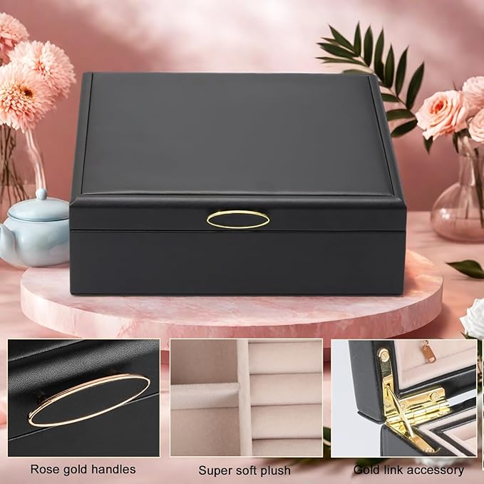 2-layer jewelry box，Jewelry Organizer with Handle，with hanging necklace hooks, detachable jewelry trays, suitable for storing a large amount of jewelry gift box (Large-Black)-CubbioJoy